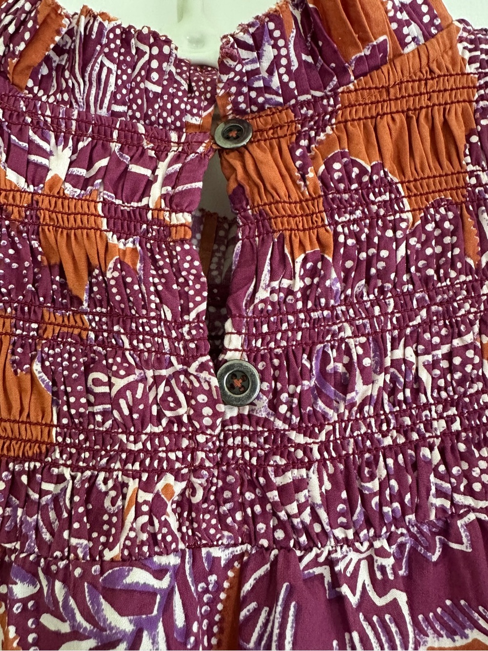 Love The Label Long sleeve, smocked, ruffle shirt. Orange/purple/maroon. Sz Sm - Picture 4 of 7